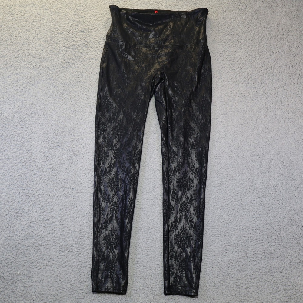 Spanx Faux Leather Lace Leggings Black Damask High Rise Compression Large L/G